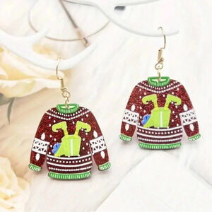 3D Reflective Upside Down Elf Christmas Sweater Earrings